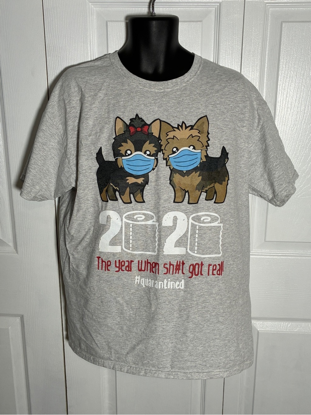 2020 Quarantined Yorkie Mask Graphic Tee Fruit of the Loom XL Gray Toilet Paper